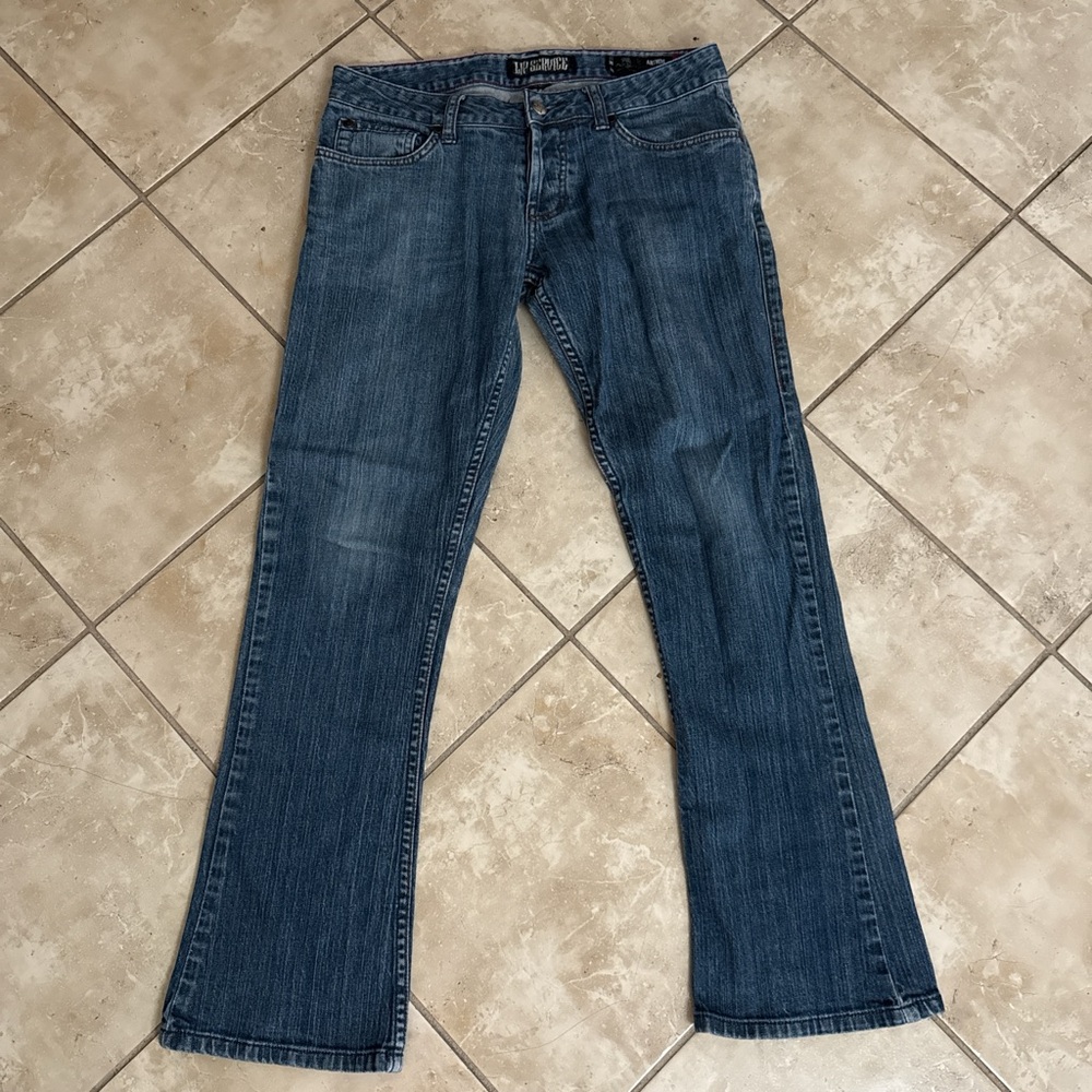Vintage Y2K Lip Service Goth emo boot cut flare jeans skull button fly Low Rise